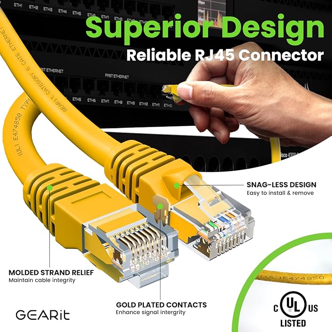 GEARit Cat 6 Ethernet Cable (1-Pack 7 Feet) Cat6 Network Patch, 10Gbps, RJ45, Snagless Cord, Gold-Plated Connectors, Internet for PC, TV, Tablet, Router, Printer, Servers, IT Data Center - Yellow