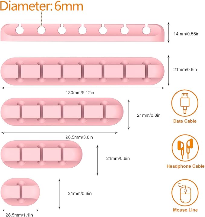 Pink Desk Cable Organizer - 5 Pack (7-5-3-1-1 Slots) Cord Clips for Cord Management, Cleans Up Messy Wires at Home, Car and Office
