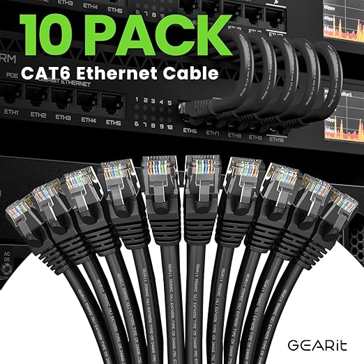 GEARit Cat 6 Ethernet Cable (10-Pack 2 Feet) Cat6 Network Patch, 10Gbps, RJ45, Snagless Cord, Gold-Plated Connectors, Internet for PC, TV, Tablet, Router, Printer, Servers, IT Data Center - Black