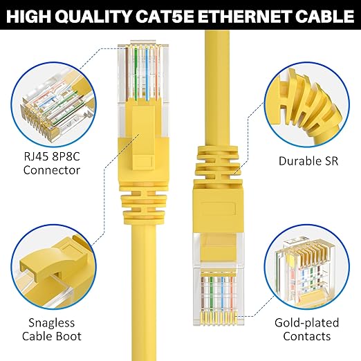 Cat5e Ethernet Cable 150 FT, Long Cat 5e Internet Cable, Yellow Snagless Patch Cord, Flexible, Network, LAN, PoE, Standard RJ45 Connector for PC, Server, Router, Modem, TV, PS5 - with 15 Cable Ties
