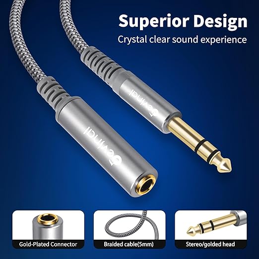 Devinal 1/4 inch Headphone Extension Cable, 6.35mm TRS Male to Female Stereo Cord, Quarter Inch Guitar Cable Extender, 10ft (3 Meters)