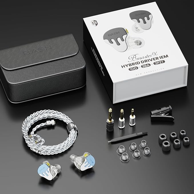 BASN BmasterX in Ear Audio Monitor, Hybrid 6 Drivers IEM Earphones with Crystal Clear Sound, Detachable Cable Plus Carrying Case & Fit Kit for Musician, Stage, Studio (3.5mm/4.4mm Jack, Blue/White)