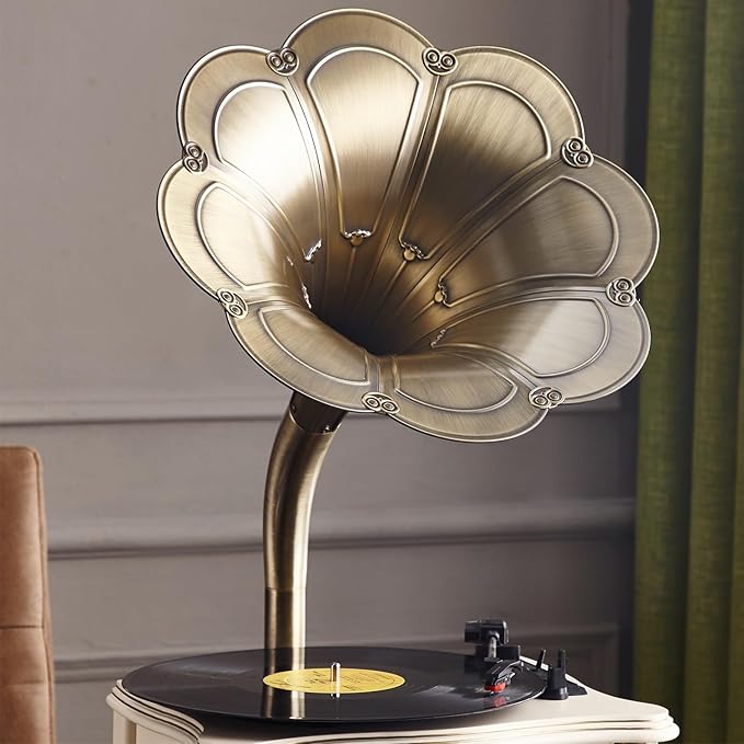 Vintage Gramophone with Bluetooth Output Vintage Record Players Retro Gramophone Turntables for 7" 9" 12" Vinyl Records 3 Speed, Hi-Fi, Handcrafted by Pure Oak (Walnut)