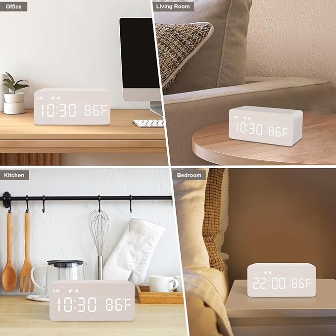 MOSITO Digital Wooden Alarm Clock with Wireless Charging, 0-100% Dimmer, Dual Alarm, Weekday/Weekend Mode, Snooze, Wood LED Clocks for Bedroom, Bedside, Desk, Kids (White)