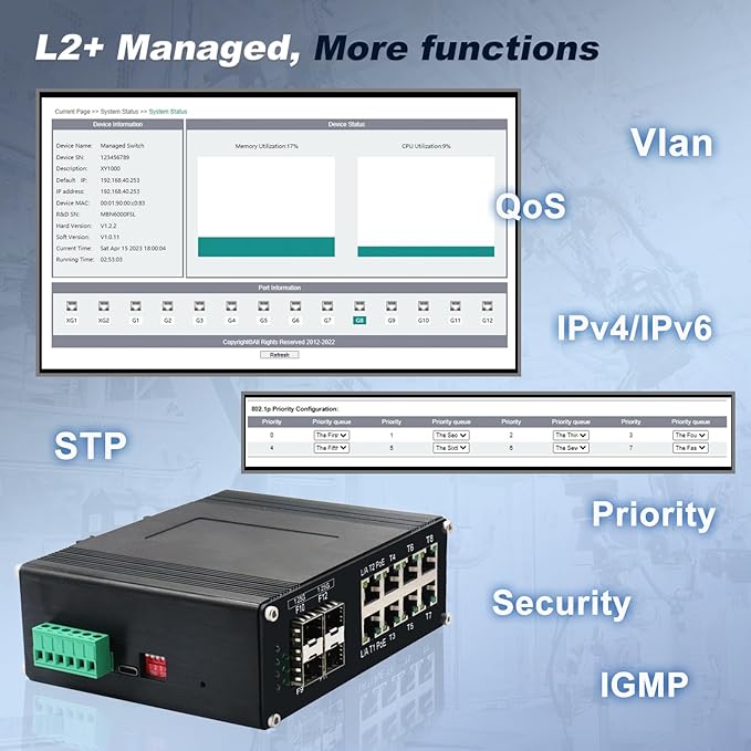 Industrial Managed 8-Port 10/100/1000Base-T PoE Switch with 4-Port 1000Base-X SFP, IEEE 802.3af/at 30W PoE Ethernet Switch, L2 Web Management Support Ring Network by USB-C Port Connection
