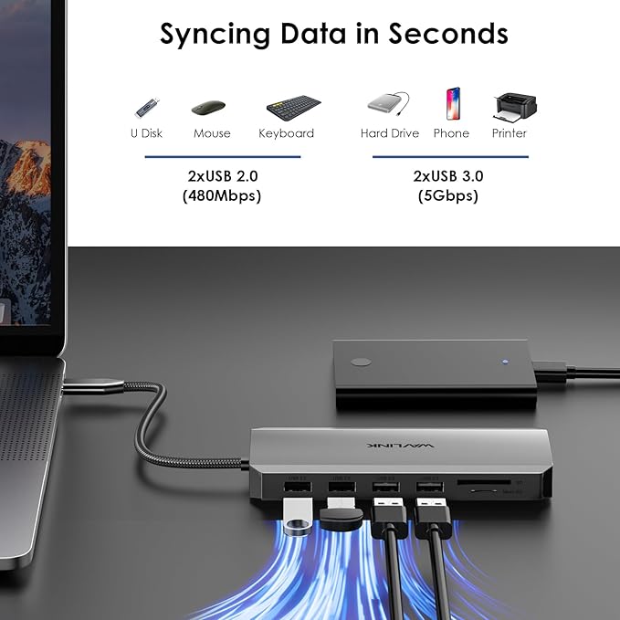 WAVLINK USB C Docking Station Dual Monitor, Triple Display, USB C to 2 HDMI,DisplayPort, PD Charging, Ethernet, 5 USB, SD/TF Read, Audio for MacBook Dell HP Lenovo Surface, Dark Grey