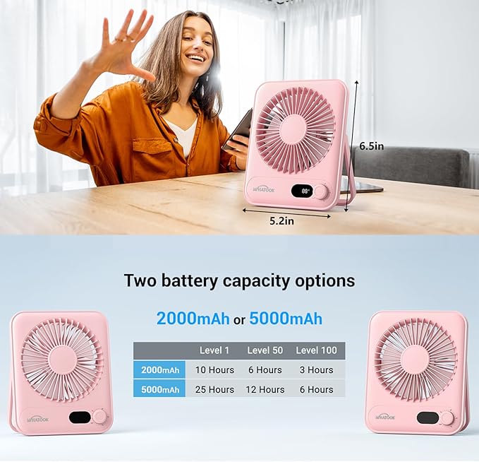 WHATOOK Small Desk Fan Personal Fans: 5000mah 25 Hours Battery Office Quiet Mini Desktop Fan Portable Rechargeable Travel Essentials
