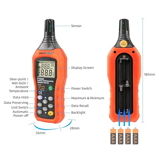 Protmex PT6508 Temperature Humidity Meter, Digital Thermometer Hygrometer Monitor with Ambient, Dew Point, Wet Bulb for Indoor/Outdoor MIN, MAX, Data Hold, LCD Backlight