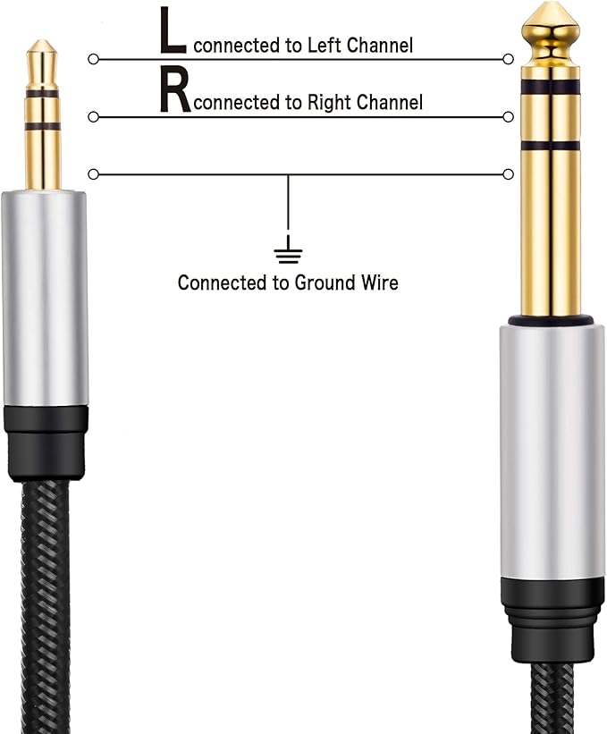 3.5 mm to 6.35 mm Audio Cable 6Ft, Gold-Plated Terminal Silver Color Zinc Alloy Housing 3.5mm 1/8" Male TRS to 6.35mm 1/4" Male TRS Nylon Braided Stereo Audio Cable for Cellphone,Amplifiers(6Ft/2M)