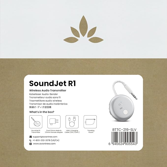 Avantree SoundJet R1 – Airplane Bluetooth Adapter for Headphones & AirPods, aptX Adaptive, Qualcomm Chipset, 20H Battery, Wireless Audio Transmitter for in-Flight Travel Essentials - Silver