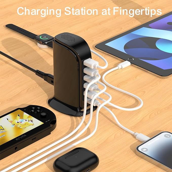 USB Charger Block with Type C, 6-Port Chargers for Multiple Devices, USB Charging Hub with Smart IC, Charger Station Total 60W for Phone/Tablet/Gaming, Wall Charger Adapter Compact&Portable