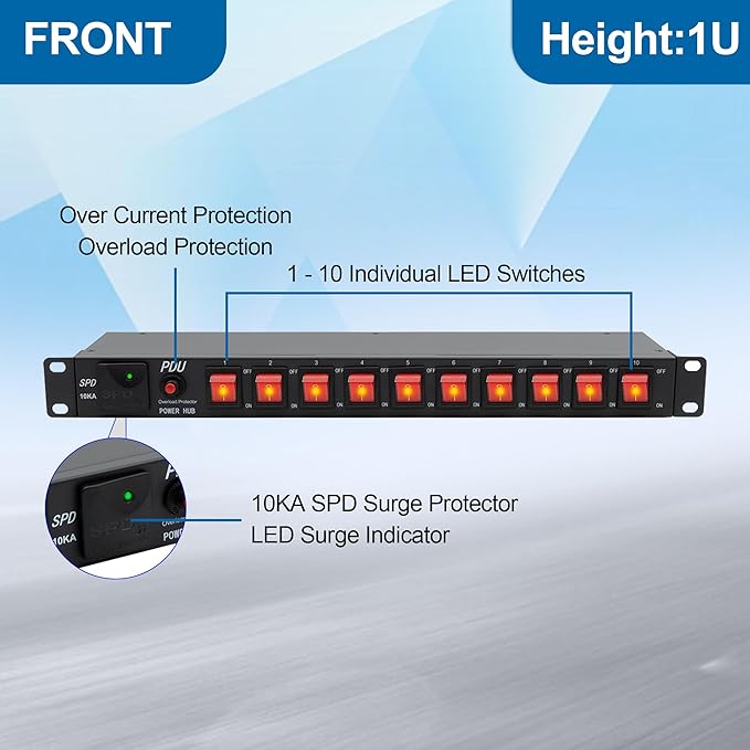 10 Outlets 1U Horizontal PDU Network Rackmount Power Strip with Surge Protector, (SPD-10KA) 100-240V,15A 3600 Joules, w/10 LED Switches and 6ft 14 AWG Cord, ETL Listed