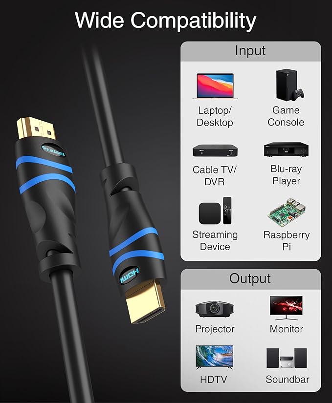 BlueRigger 4K HDMI Cable 40FT (4K 30Hz, HDR10, in-Wall CL3 Rated, High Speed, HDCP2.2, eARC) - Long HDMI Cable Compatible with Home Theatre, HDTV, Gaming Consoles, Streaming Devices