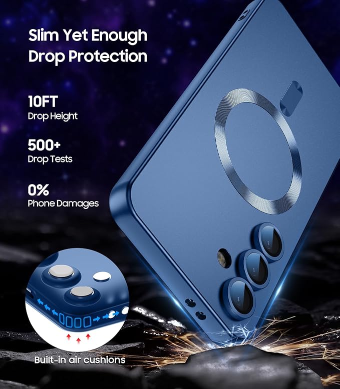 Magnetic for Samsung Galaxy S24 Plus Case [Compatible with MagSafe][Built-in Camera Lens Protector] Slim Soft Silicone Bumper Shockproof Metallic Luster Phone Case (Blue)