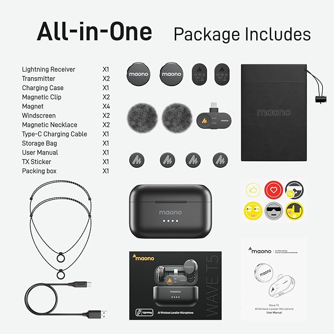 MAONO Wireless Lavalier Microphone for iPhone 14 and Below, MFi Certified Lightning Plug, 48KHz 24Bit, 1000ft Range, Voice Filter, Noise Cancellation, 30H Use for Video Recording, Streaming - Wave T5