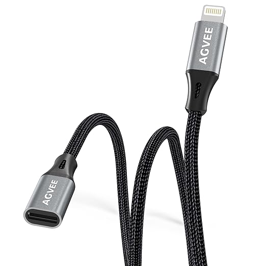 AGVEE 2 Pack 1ft Lightning Extension Cable, Braided Female to Male Extender Full Function Cord Compatible with iPhone iPad, Data Sync Video Audio & Charging Connector Adapter, Dark Gray
