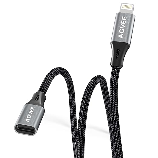 AGVEE 2 Pack 4 inch Lightning Extension Cable, Braided Female to Male Extender Full Function Cord Compatible with iPhone iPad, Data Sync Video Audio & Charging Connector Adapter, Dark Gray