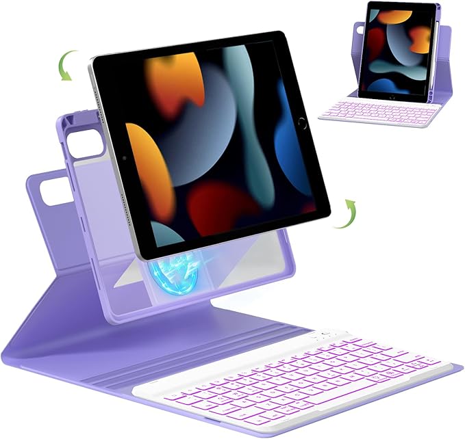 Case for iPad 9th/8th/7th Generation with Keyboard 10.2 Inch,360° Rotatable Magnetic Keyboard Case,Pencil Holder&Grooves Design,7 Color Backlit Detachable Wireless Keyboard(Purple)