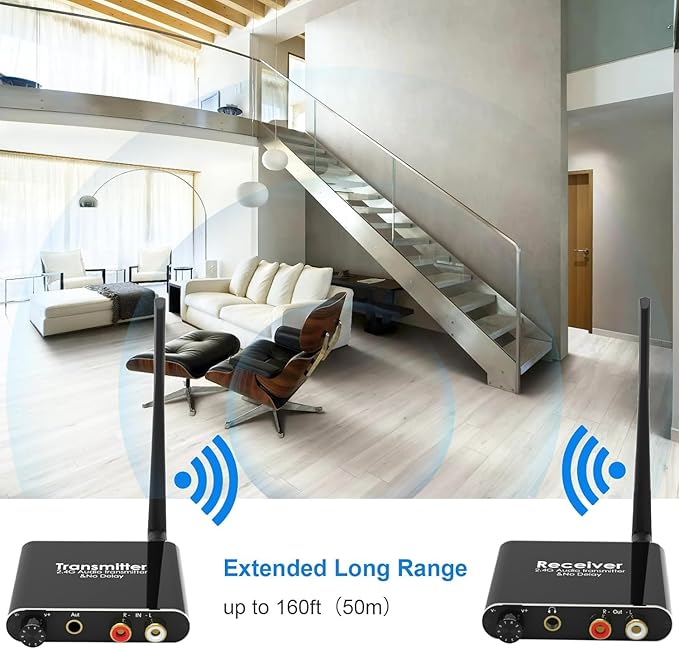 eppfun 50m/2.4G Wireless Audio Transmitter Receiver for 2 Subwoofer/Active Speaker/Power Amplifier/Home Stero, with 20ms Low Latency,192kHz/24bit HiFi, 165Feet/ RCA/3.5mm Audio (only Audio)