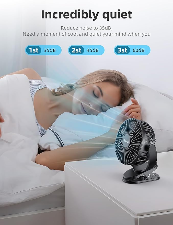 USB Portable Clip on Fan, 2400mAh Battery Type-C 6in, 3 Speed 720° Tilting Head, Black Personal Rechargeable Fan for Desk, Bedside, Golf Cart, Baby Stroller, Indoor & Outdoor Use