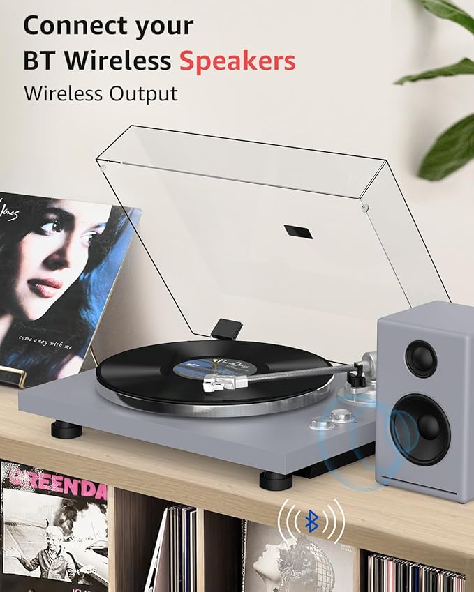 Turntable Record Player Wireless Output Carbon Fiber Tonearm Vinyl Player Aluminium Platter Belt-Drive LP Turn Tables 33 1/3&45 RPM Phono Level Audio RCA Line Output AT-3600L MM Cartridge Grey