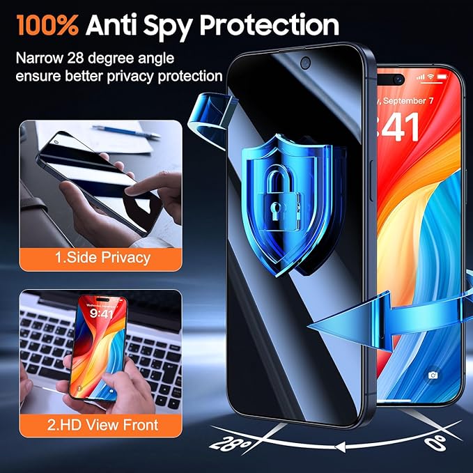 UniqueMe for iPhone 15 Pro Privacy Screen Protector, [Military Grade Shatterproof & 9H+ Hardness] Screen Protector 15 Pro Tempered Glass Full Coverage Protection, Easy to install, 2 Packs