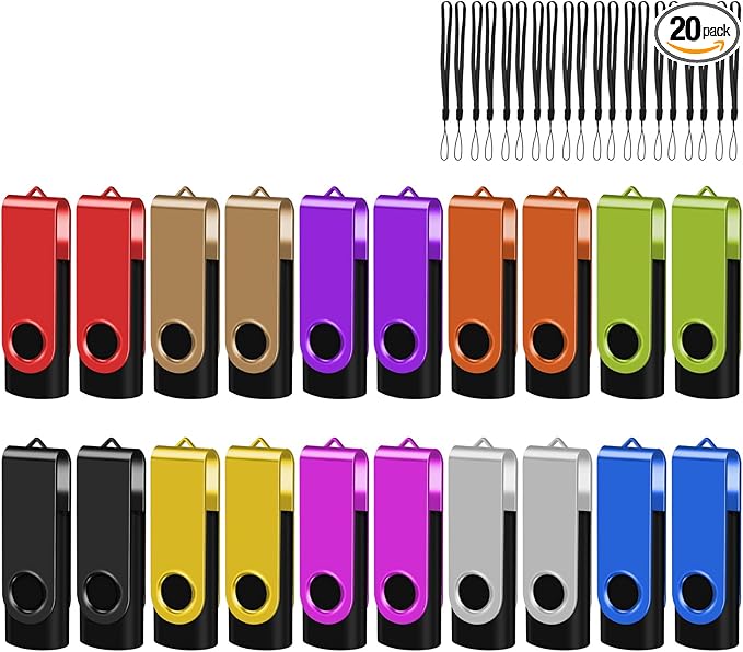 EASTBULL USB 2.0 Flash Drive 16GB with Lanyards Thumb Drives Bulk 20 Pack Colorful Multipack Memory Stick Pen Drive Swivel Design(16 GB 20 Pack)