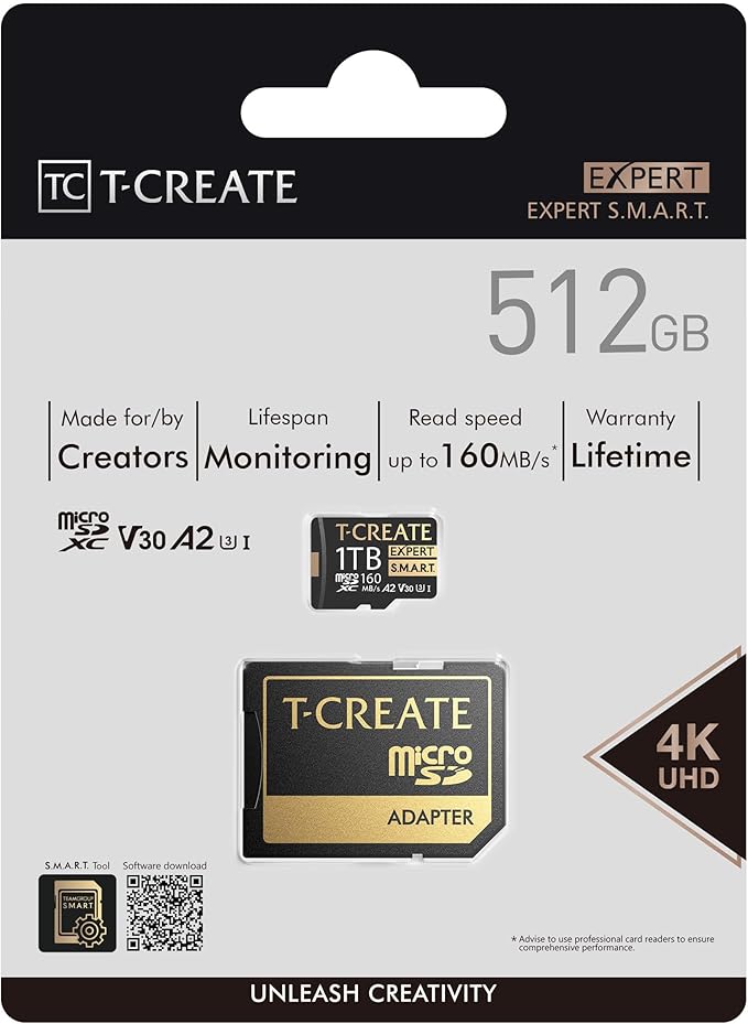 TEAMGROUP T-Create S.M.A.R.T A2 512GB Micro SDXC U3 V30 4K R/W Speed up to 160/150 MB/s High Speed Flash Memory Card for Creators, Compatible with GoPro, Insta360 TTCS512GIA2V3003