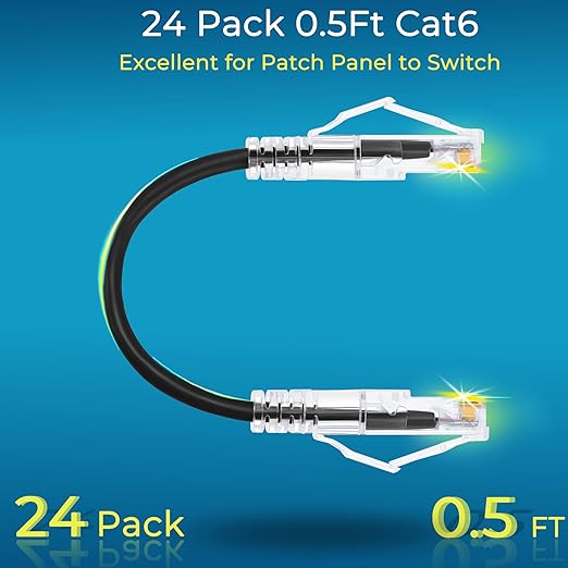 Rapink Patch Cables Cat6/ Cat6a 0.5ft (24 Pack) Slim, Cat6a Ethernet Patch Cable 10G Support, Snagless Cat 6 Patch Cable for Patch Panel to Switch, Flexiable Cat6 Ethernet Cable Black