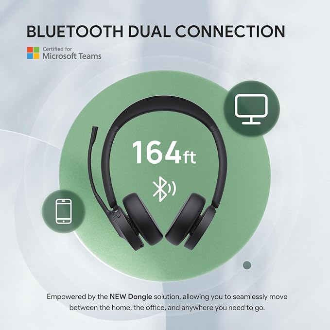 Yealink BH70 Wireless Bluetooth Headset with Microphone for Work, up to 35h Talking Battery Life, 3-Mic, 147g Lightweight Microsoft Teams Certified Headphone for Open Office, USB-C to A