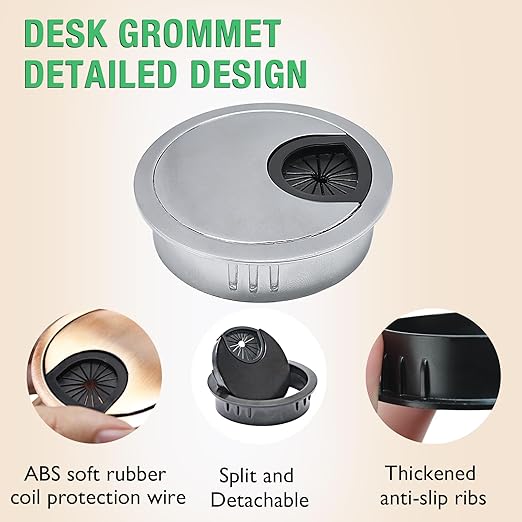 2 Pcs Desk Grommet 2-3/8" / 60 mm, Desk Cord Hole Cover, Cable Grommet Metal Zinc Alloy Materilal, Desk Hole Grommet for Home & Office Pc, Detachable Cable Cord Organizer-Brushed Silver