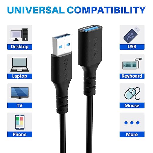 3 Pack USB 3.0 Extension Cable 6 Feet, USB A Male to Female Extender Cord, 5Gbps Data Transfer for Webcam, Printer, Keyboard, Mouse, Flash Drive, Hard Drive, Controller, Black Cable with 5 Cable Ties