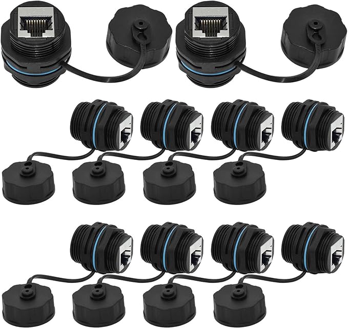 10PCS Panel Mounting Shielded CAT6 RJ45 Waterproof Connector Cat5/5e/6 8P8C Ethernet LAN Cable Coupler Double Head Adapter with Waterproof/Dust Cap