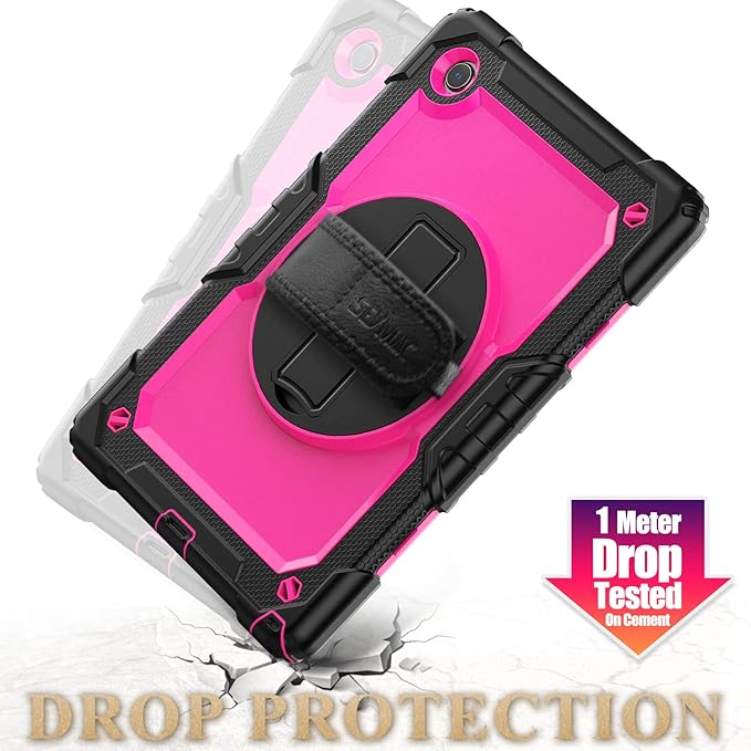 SEYMAC stock Case for Samsung Galaxy Tab A8 10.5'', Full-Body Drop Protection Case with Screen Protector Pencil Holder [360° Rotating Hand Strap] &Stand, Pink+Black
