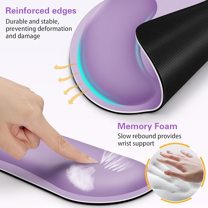 Mouse Pad with Wrist Rest Set, 3-in-1 Wrist Support Mousepad Set, Gaming Mat Pad with Anti-Skid Base,Ergonomic Mouse Pad Purple,Memory Foam Gel Wrist Rest for Computer Keyboard