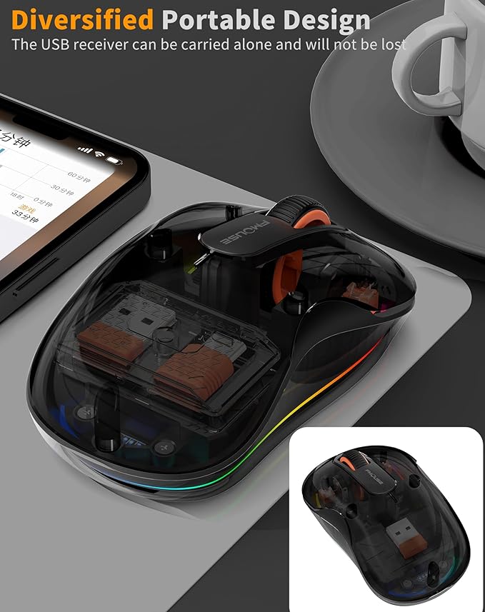 Bluetooth Wireless Mouse, Transparent RGB Tri-Modes Mouse,Bluetooth & 2.4GHz for Multi Device, USB-C Receiver Ideal for MacBook/Laptops, Rechargeable, Silent, Portable, Cool LED, Ergonomic - Black