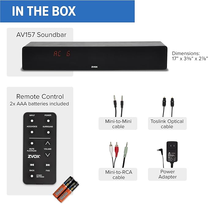 ZVOX Dialogue Clarifying Sound Bar With Patented Hearing Technology - AccuVoice TV Soundbar AV157 Titanium - Twelve Levels of Voice Boost - Home Theater Audio Speakers