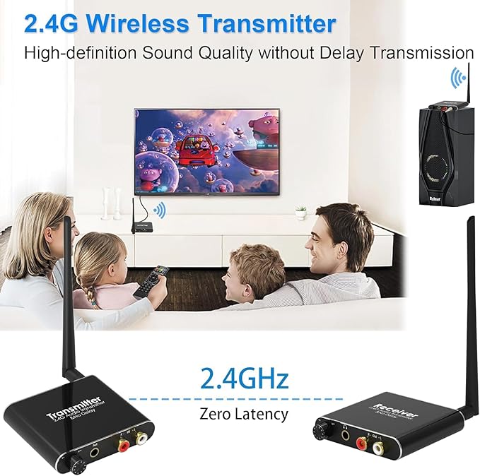 eppfun 50m/2.4G Wireless Audio Transmitter Receiver for 2 Subwoofer/Active Speaker/Power Amplifier/Home Stero, with 20ms Low Latency,192kHz/24bit HiFi, 165Feet/ RCA/3.5mm Audio (only Audio)