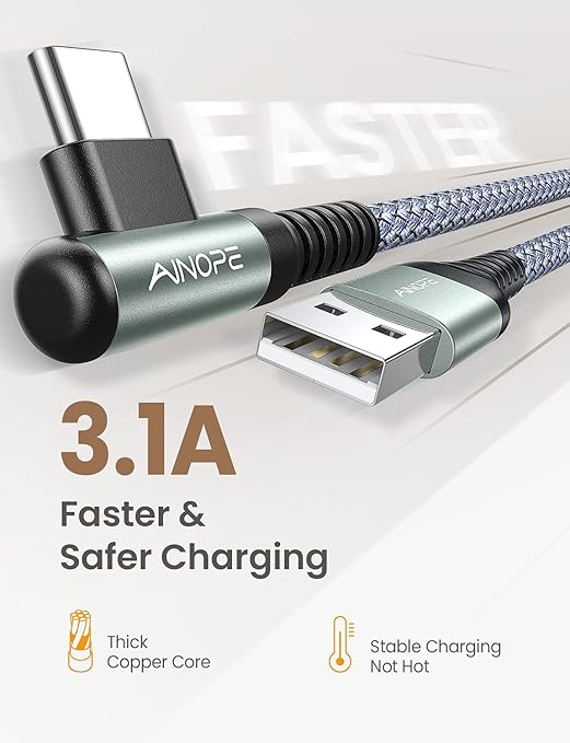 AINOPE Type C Cable [3-Pack, 6.6FT] Right Angle, 3.1A USB Type C Cable Fast Charging, Nylon Braided Type C Charging Cable Fast Charger Compatible with Samsung Galaxy S10 S9 S8 S20 Plus, Note 10 9 8