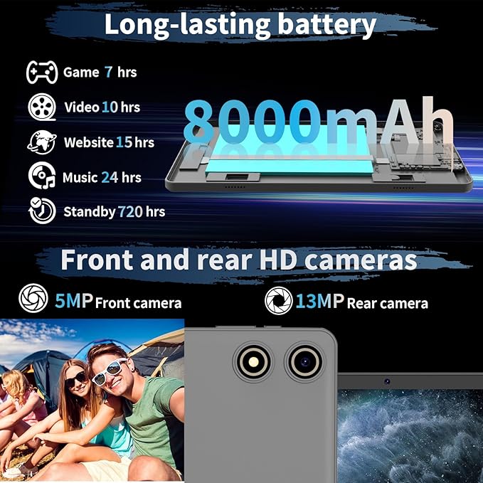 Android 15 Tablet, 26GB + 256GB (2TB Expandable), 10.1-inch Tablet with Keyboard, 8000 mAh Battery, BT 5.0, 5G WiFi, Widevine L1, 2-in-1 Tab with Mouse, Protective Case，Stylus（Silver）