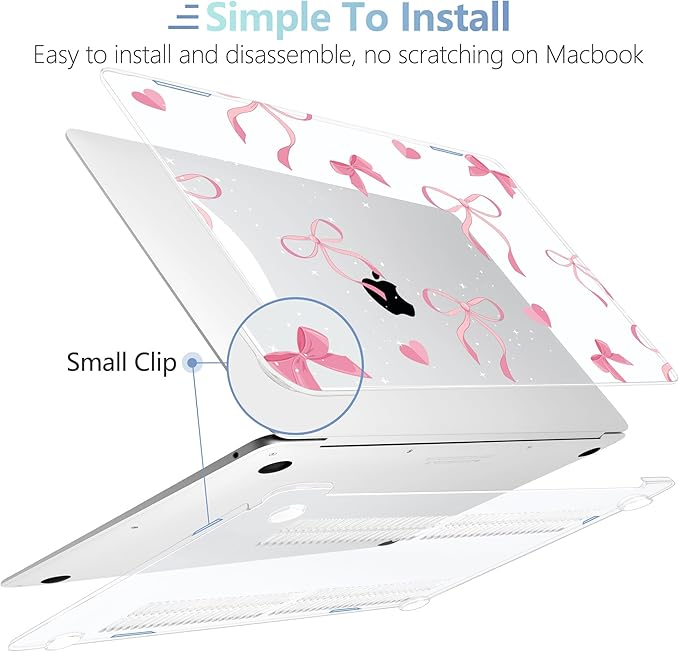 MEEgoodo for MacBook Air 13.3 inch Case 2021 2020 2019 2018 A2337 M1 A2179 A1932, Laptop Shell for MacBook Air M1 with Keyboard Webcam Cover & Trackpad Film & Type C Adapter,Pink Ribbons Bows