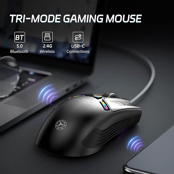 TENMOS M530 Wireless Gaming Mouse, 2.4G/Bluetooth/USB C Wired Rechargeable Mouse, 12000 DPI, RGB, 6 Programmable Buttons, Honeycomb Magnetic Cover, with Receiver Extender for Laptop/PC/Mac, Black