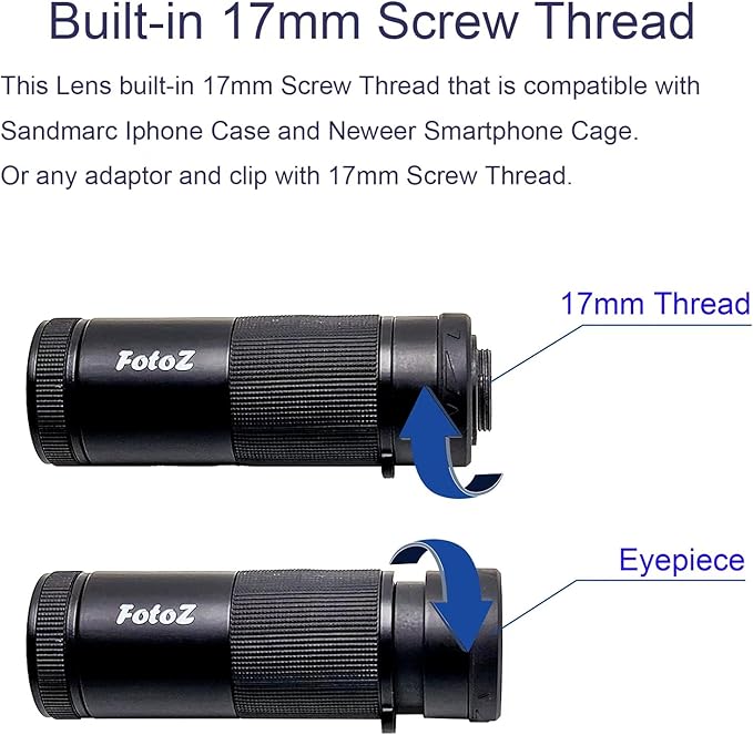 FotoZ 8X Monocular Telescope for iPhone & Android and Most Smartphone, with 8X Optical Zoom Telephoto Lens & 17mm Universal Phone Clip & Storage Bag