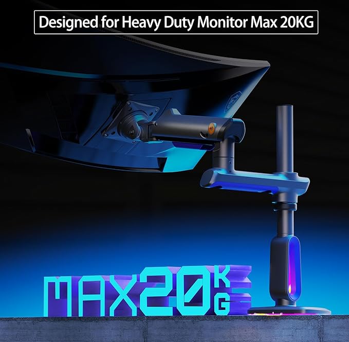 RGB Gaming Monitor-Arm for Flat/Ultrawide/Curved Monitors 32 to 60 inch, Heavy Duty Stand Load up to 20 kg, VESA 75/100 mm Monitor Mount G80