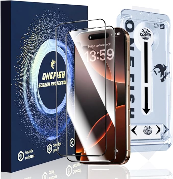 OneFish Full Edge Coverage Tempered Glass Screen Protector for IPhone 16e/ 14/13 / 13 Pro 6.1 inch 2 Pack Edge Reinforcement, Self-Aligning Installation, Case Friendly HD Screen Protectors