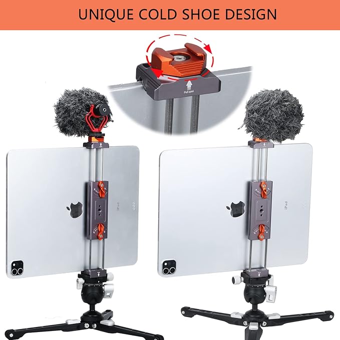 Metal iPad Tripod Mount Adapter, Tablet Holder with Rotatable Cold Shoe Mount - Compatible with iPad Pro, Air, Galaxy Tab, iPhone
