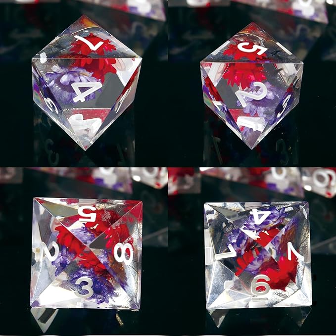 Haxtec Flower DND Dice Set Sharp Edge Dice with Dice Case Handmade Red Purple Floral Resin D&D Dice Set for TTRPGs Compatible with Dungeons and Dragons Gifts