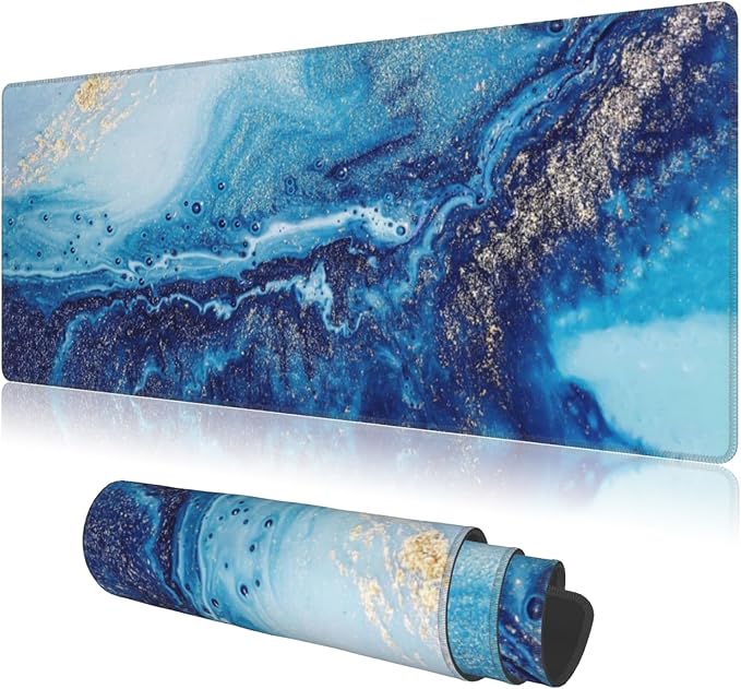 Mouse Pads Navy Blue Gold Modern Abstract Marble Large Mouse Pad, Gaming Mousepad, Keyboard and Mouse Pad with Stitched Edges,PC Desk Mat for Game,Work,Office(31.5"*11.8")