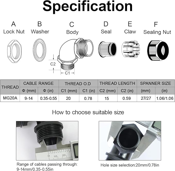 LeMotech M20 Cable Gland, 90 Degree Adjustable 9-14mm Strain Relief, Cord Connectors Nylon Joints with Gaskets, 2 Pcs, Grey