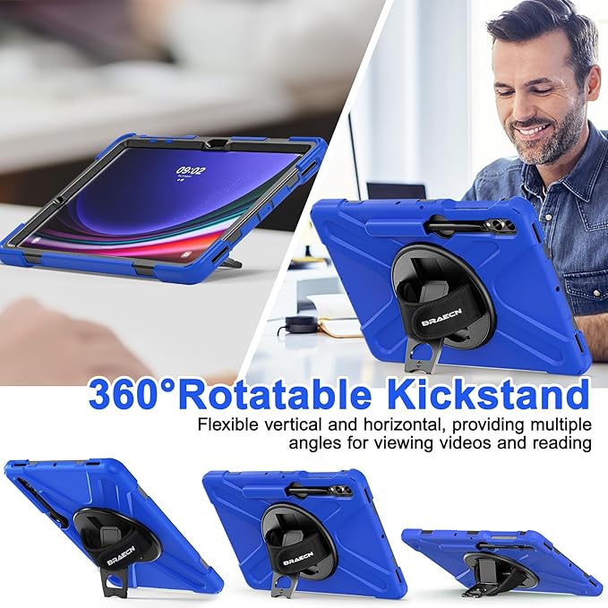 BRAECN for Galaxy Tab S10+Plus/ S9+/S9 FE+/S8+12.4 Inch Case,Heavy Duty Tablet Case with 360 Rotating Stand &Hand Strap, Built-in S Pen Holder, Shoulder Strap for Samsung Galaxy Tab S9 Plus -Blue